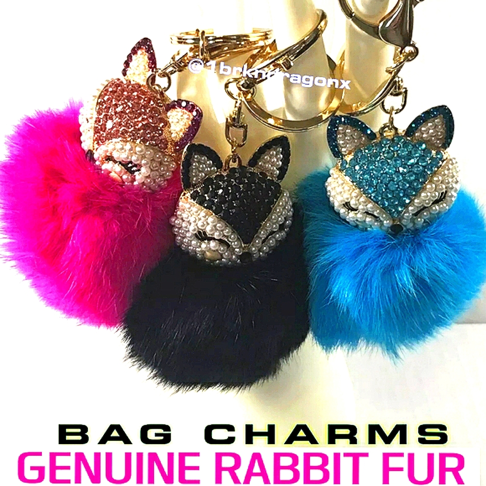 Bag Charm Charms Genuine Fox or Rabbit Fur Pom Handbag Keychain Charms Gorgeous